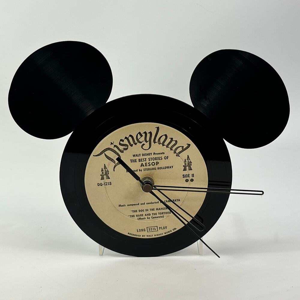 Vtg Disneyland Aesop Record Mickey Mouse Wall Clock Handmade Vinyl Art 9"x7.5"